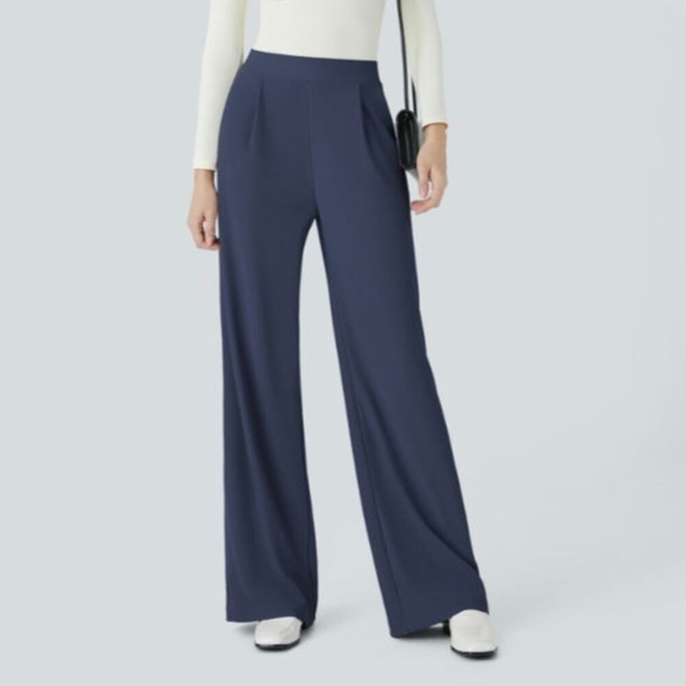 Sz Sm Petite HALARA Navy Pleated Micro-Waffle Pockets Wide Leg Pants